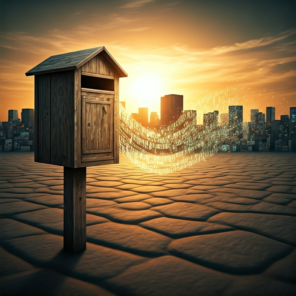 Vintage mailbox dissolving into flowing binary code, illustrating how IP addresses move information between modern devices