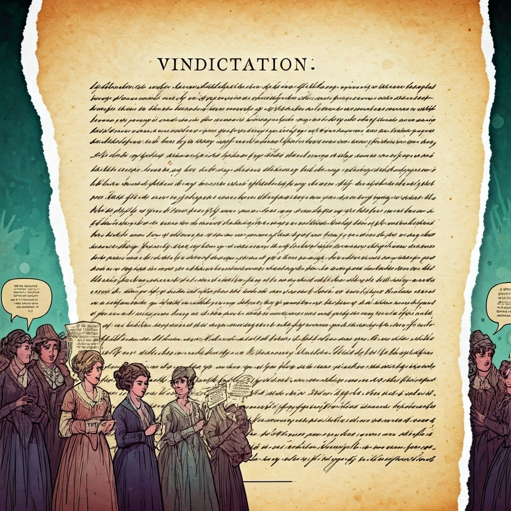 Layered collage of Wollstonecraft's pamphlet held by reformers, highlighting the rise of women's activism.