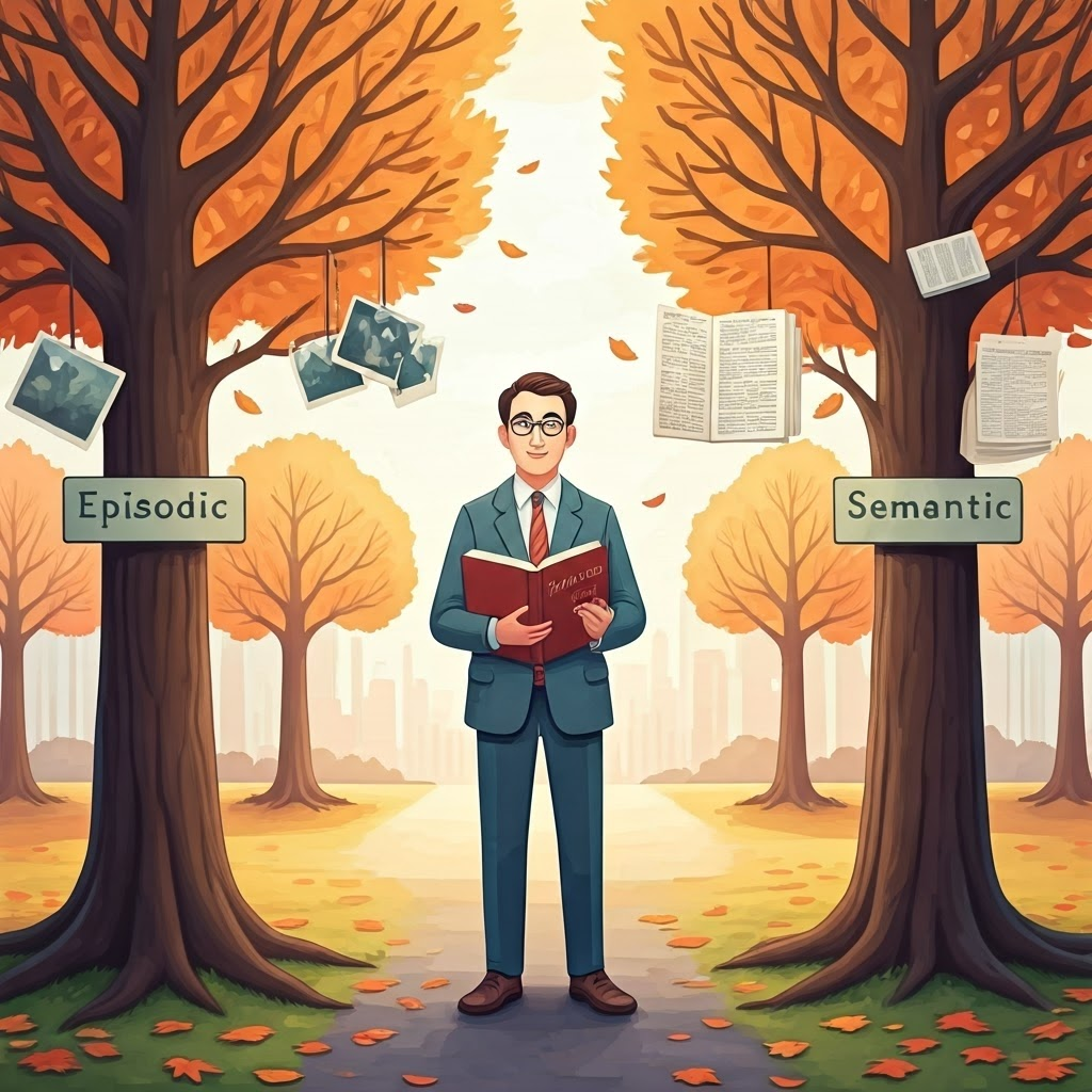 Gentle watercolor of psychologist Endel Tulving beside two trees—one decorated with photos (episodic) and one with dictionary pages (semantic)—explaining his memory theories.