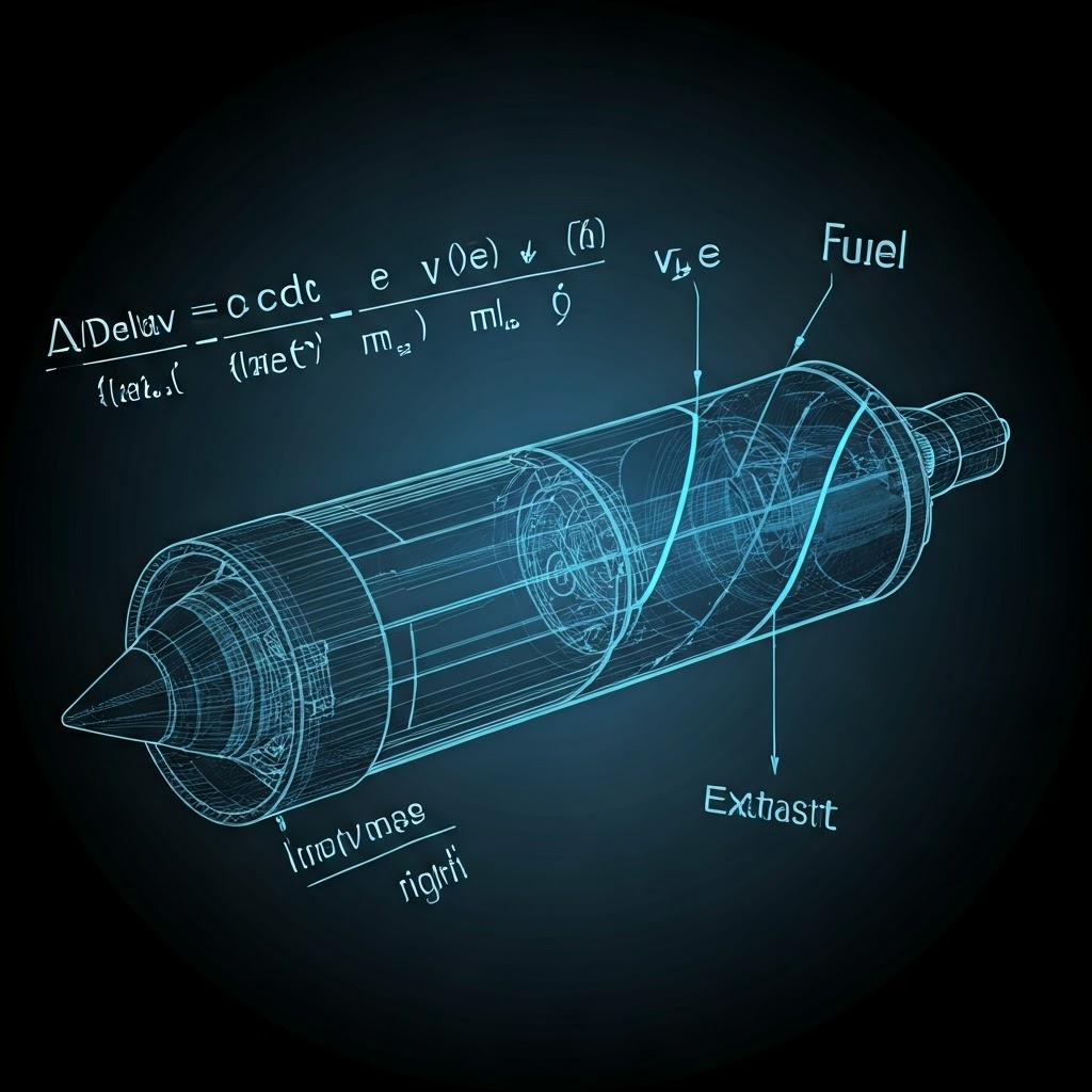 Monochrome blueprint labeling fuel, dry mass, and nozzle with same formula.