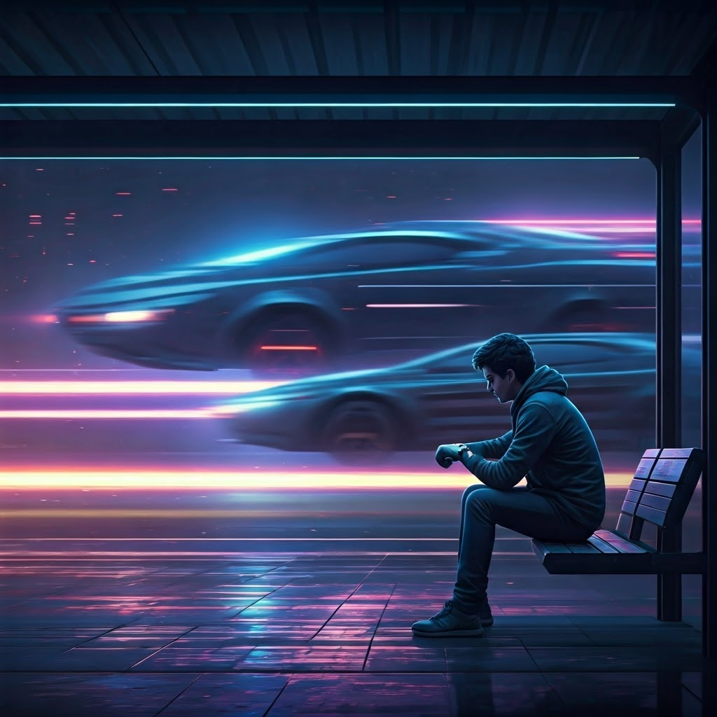 A calm commuter at a futuristic bus stop checks a glowing watch while near-light-speed vehicles leave colorful light trails.