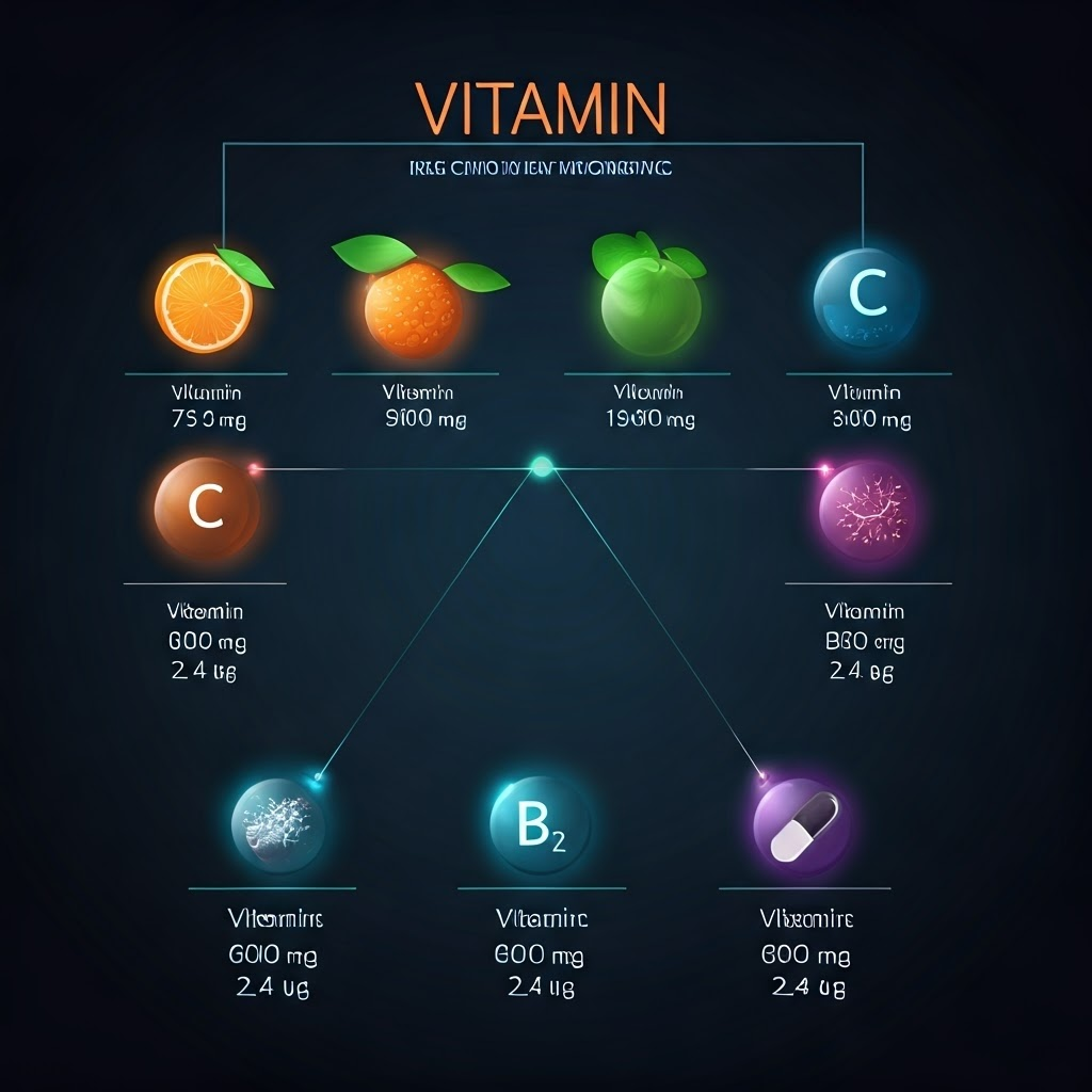 Neon infographic lists vitamins C, D, and B12 with icons and daily values on a dark background