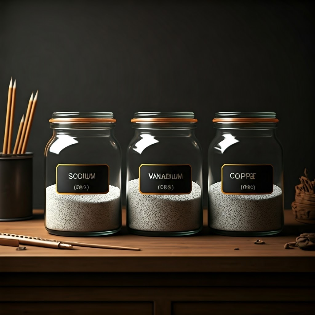 Glass jars labeled Sodium, Vanadium, Nickel, Copper arranged neatly on a workshop table