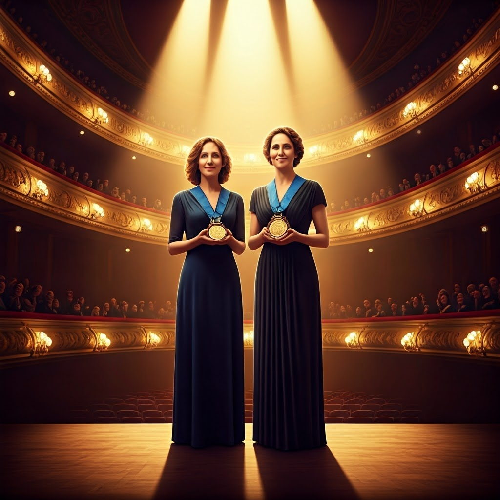 Stylized portrait of Jennifer Doudna and Emmanuelle Charpentier holding a Nobel medal under dramatic lights