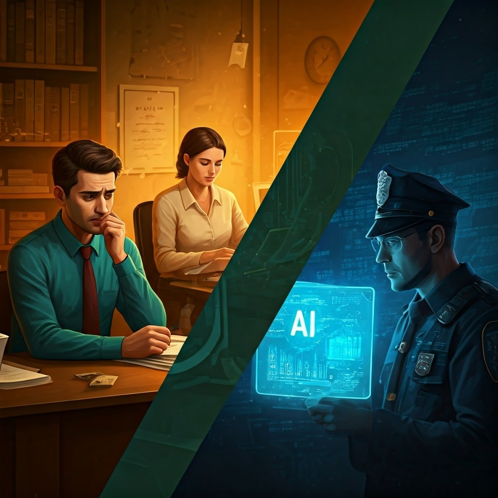 Digital collage contrasting AI decisions in banking hiring and policing, portraying societal impact of bias.