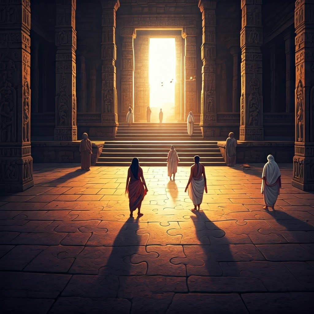 Ancient temple courtyard with a glowing jigsaw puzzle symbolizing dharma and social roles