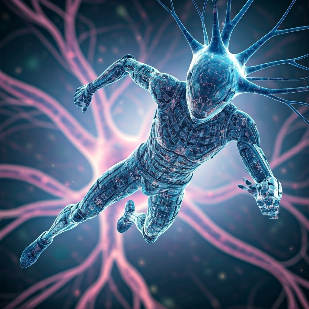 Close view of a single neuron styled as a sleek runner, pastel neural patterns in background, highlighting rapid signal flow