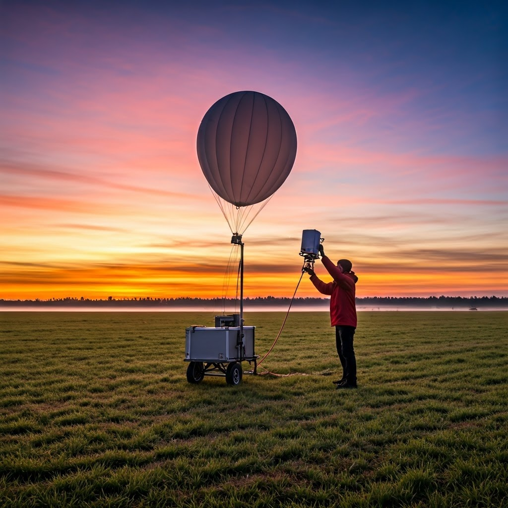 Technician holding a large white weather balloon at sunrise, ready to launch a radiosonde into the sky.