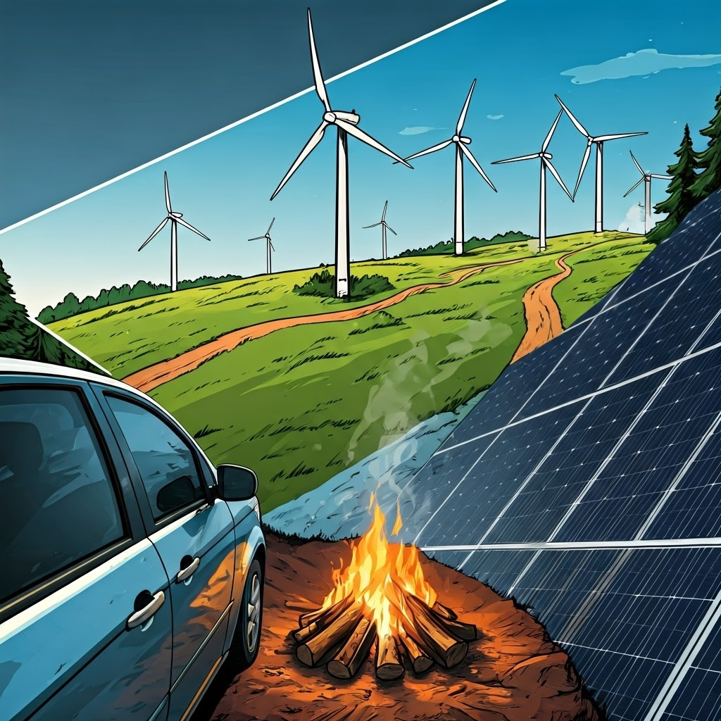 Collage of gasoline, wind turbines, campfire, and solar panels showing different energy sources