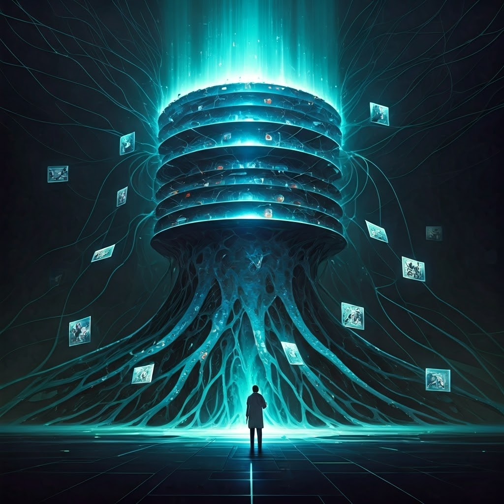 Towering neural network layers glow with colored nodes as wheels and fur patterns emerge