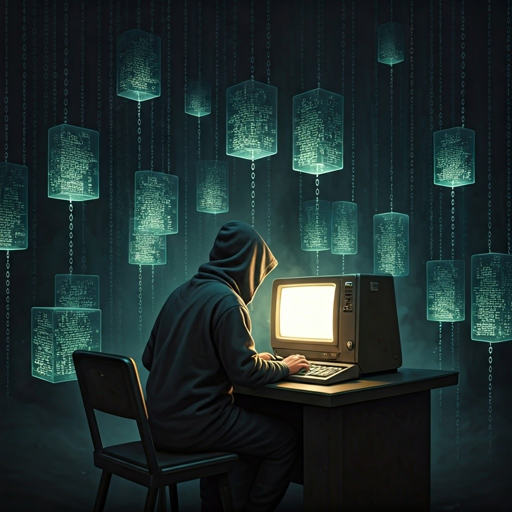 Hooded figure at computer surrounded by linked glowing blocks, representing Bitcoin’s mysterious creator
