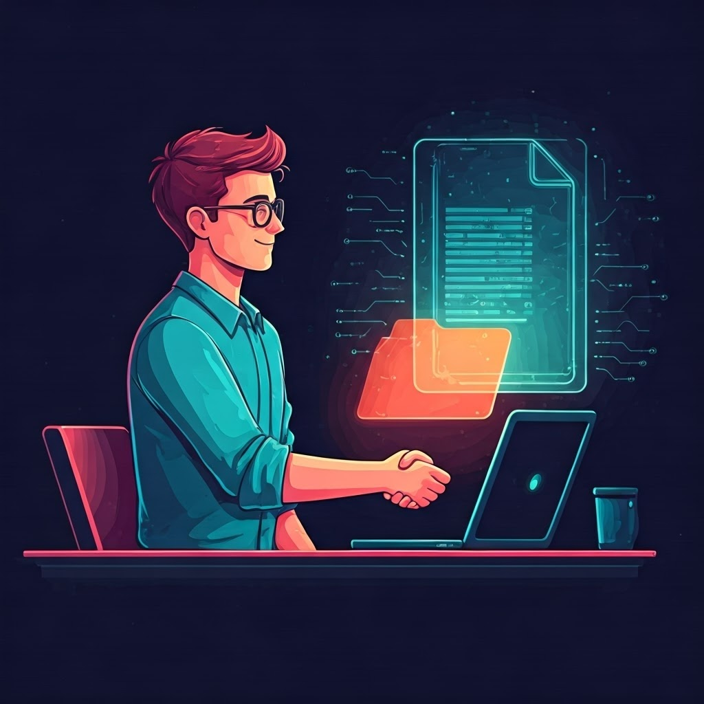 Developer in neon-lit workspace shaking hands with a glowing folder, symbolizing a welcoming README file