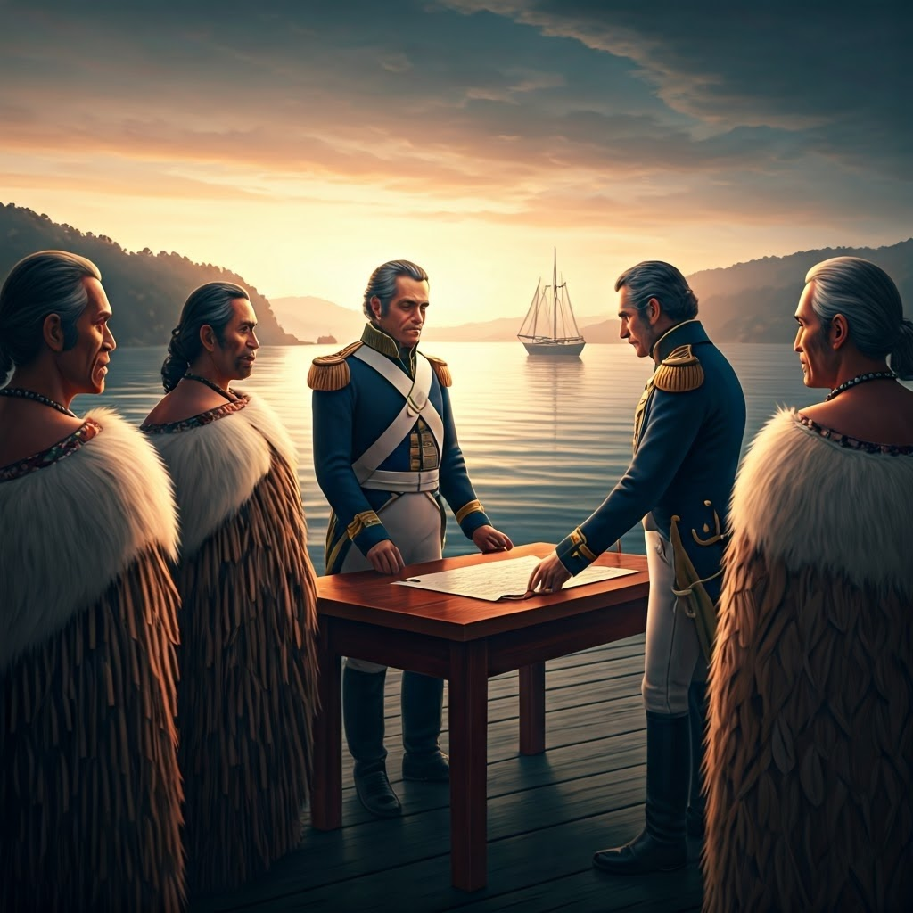 Māori chiefs and British officers examine a treaty at dawn, foggy harbor symbolizing tense negotiations.