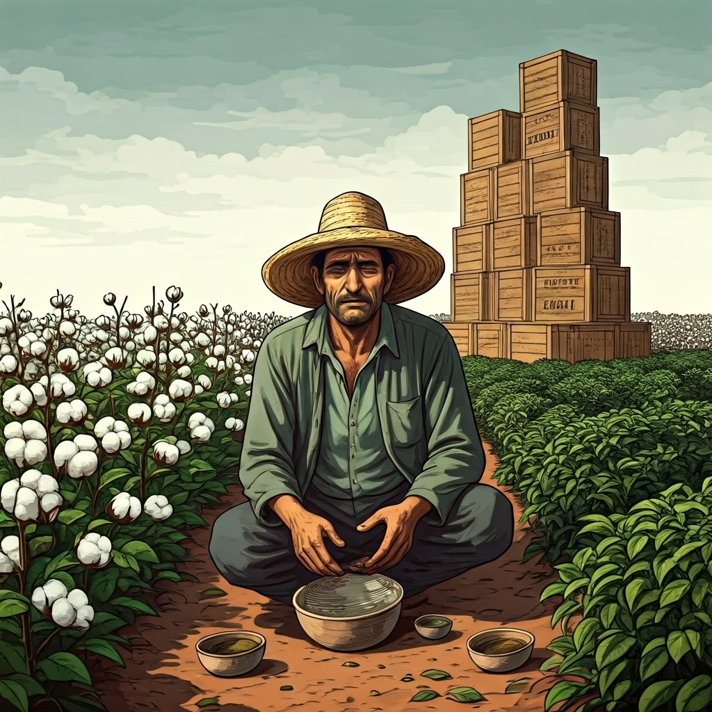 Exhausted farmer amid cotton and tea rows, empty bowls at his feet while export crates tower behind him under a gloomy sky.
