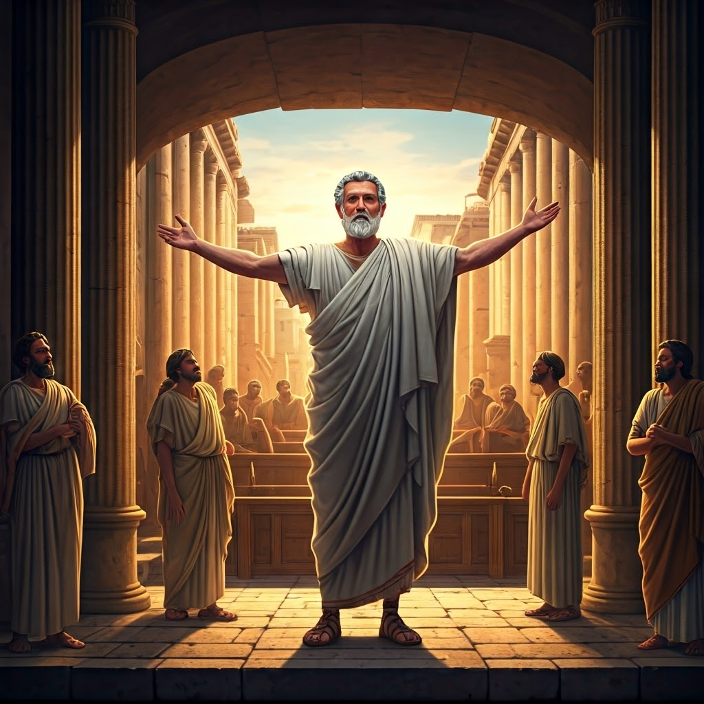 Cicero addresses a lively crowd, arms wide under a sunset glow