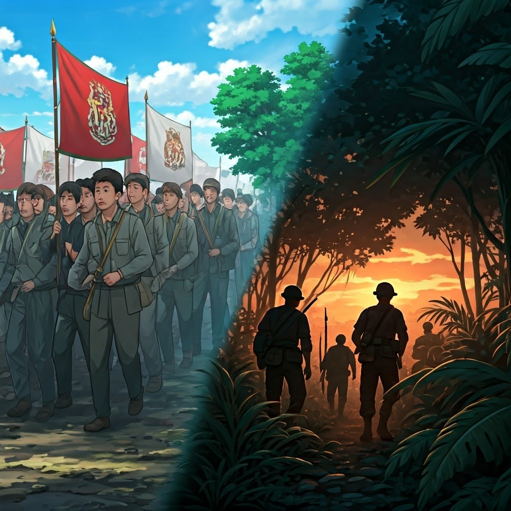 Split screen of peaceful marchers and guerrilla fighters blending into one scene with dynamic anime energy.