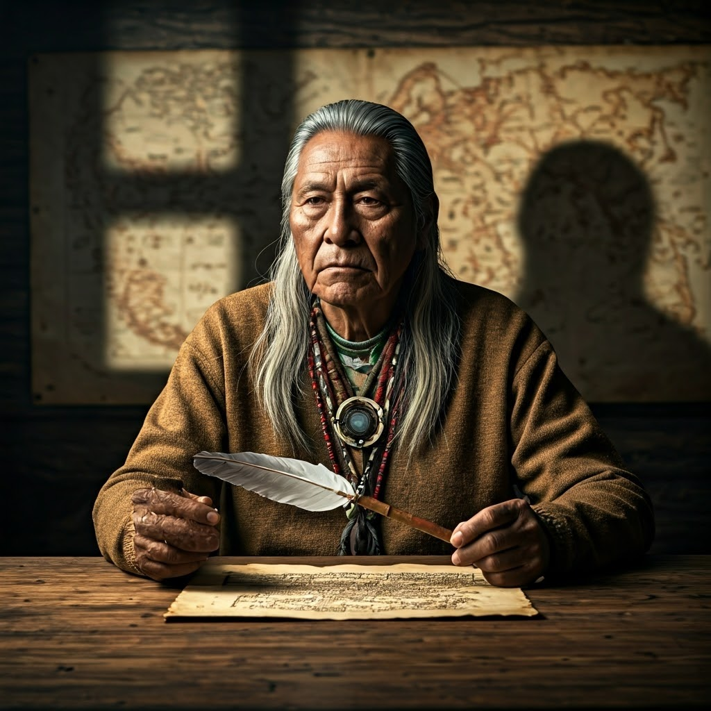 Elderly Native diplomat studies a carved treaty beside a feathered pipe, shadows of old maps behind him.