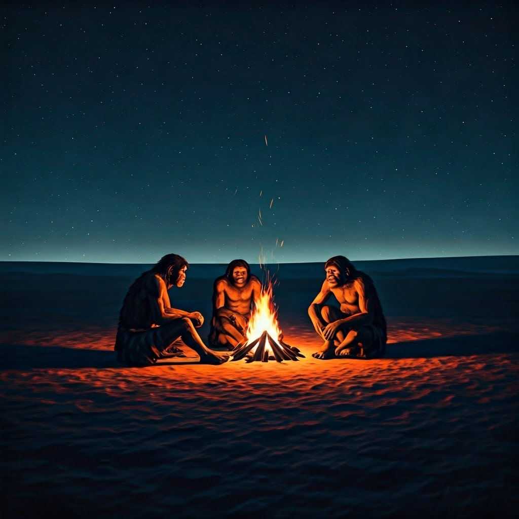 Retro VHS-style campfire scene of early humans sharing stories under starry skies.