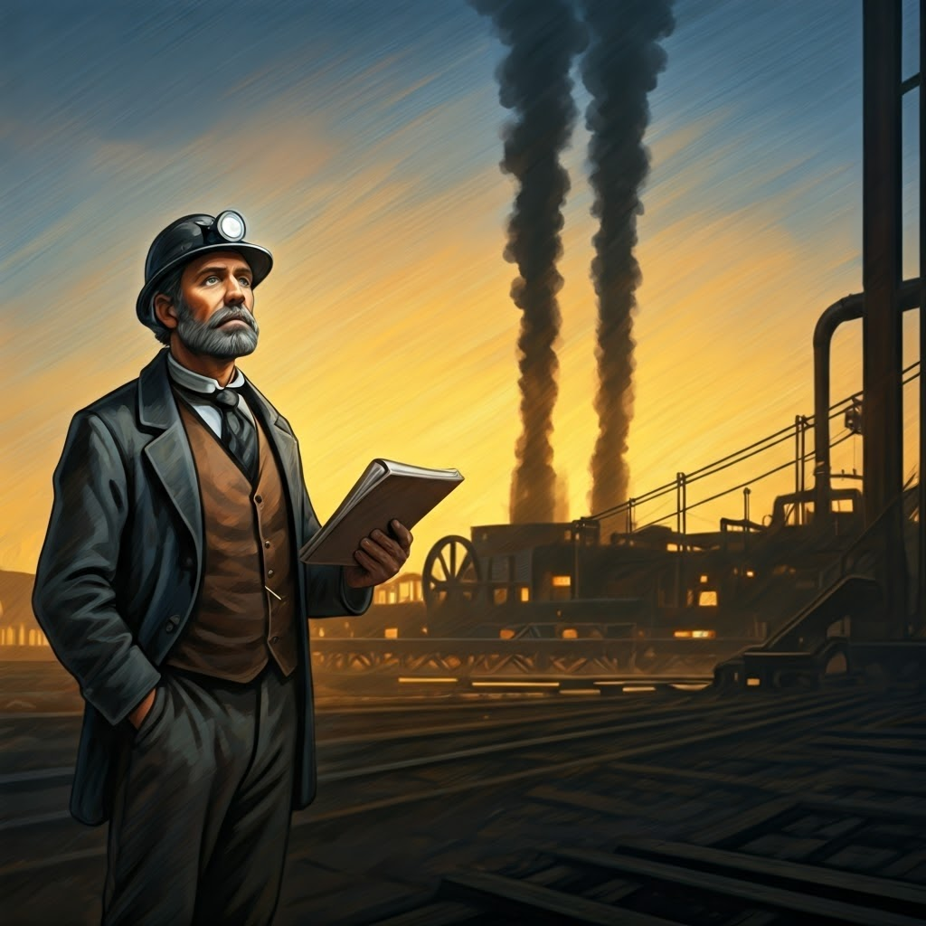 Mine owner gazing at smoke from an engine house, feeling relief at continuous pumping