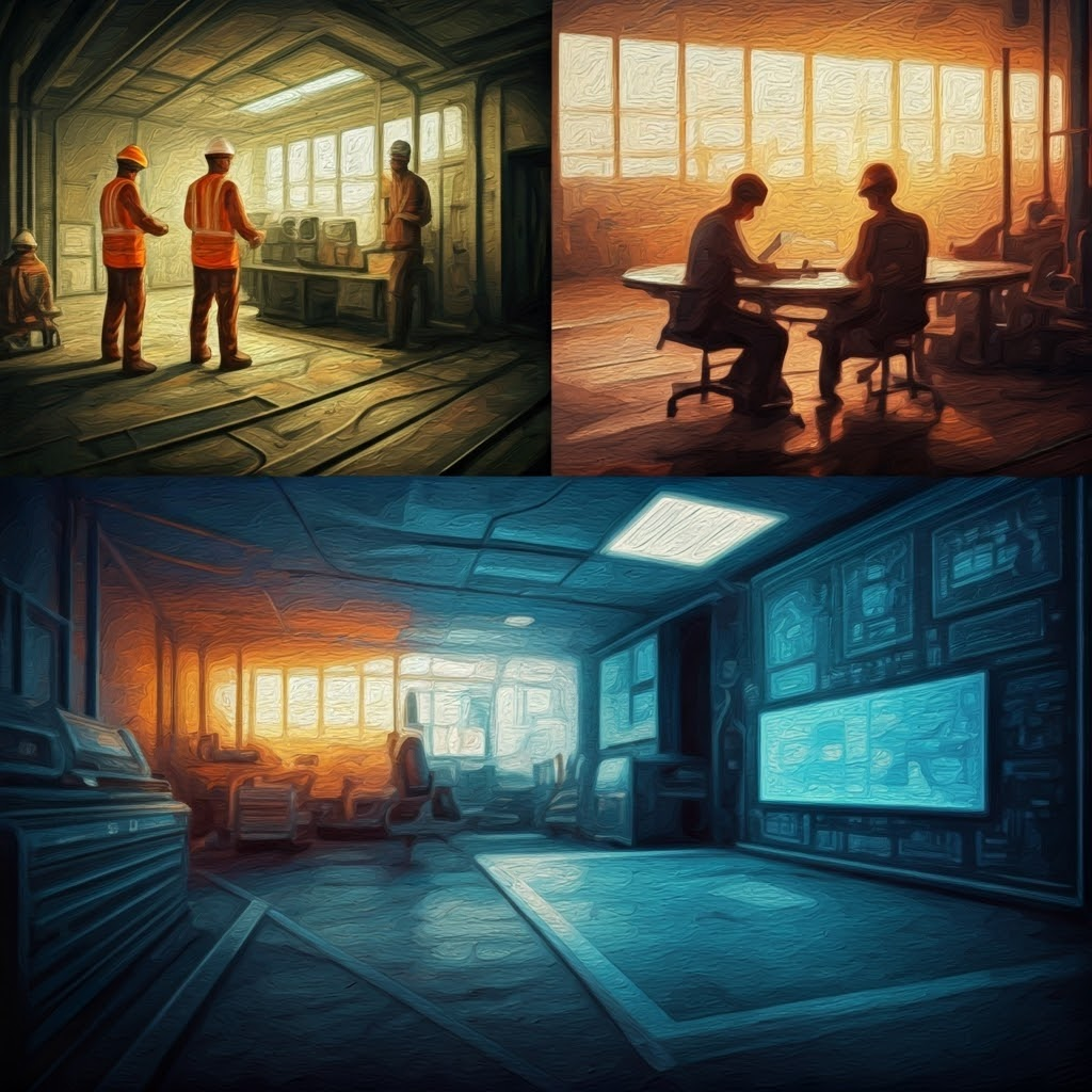 Oil painting montage blending VR safety drills, digital factory work, medical simulations, and empathy training