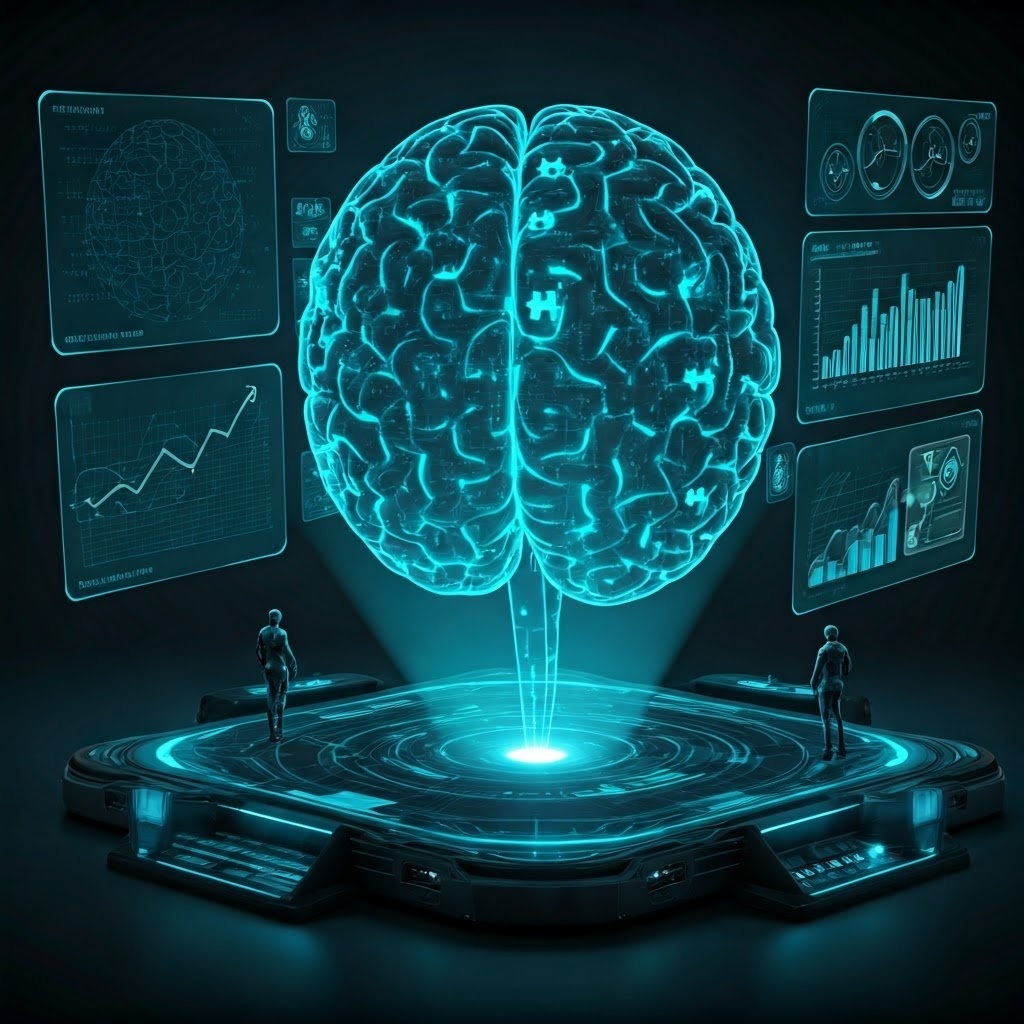 Futuristic holographic brain with glowing blue pathways and avatars at control panels, symbolizing sharp focus and task planning.