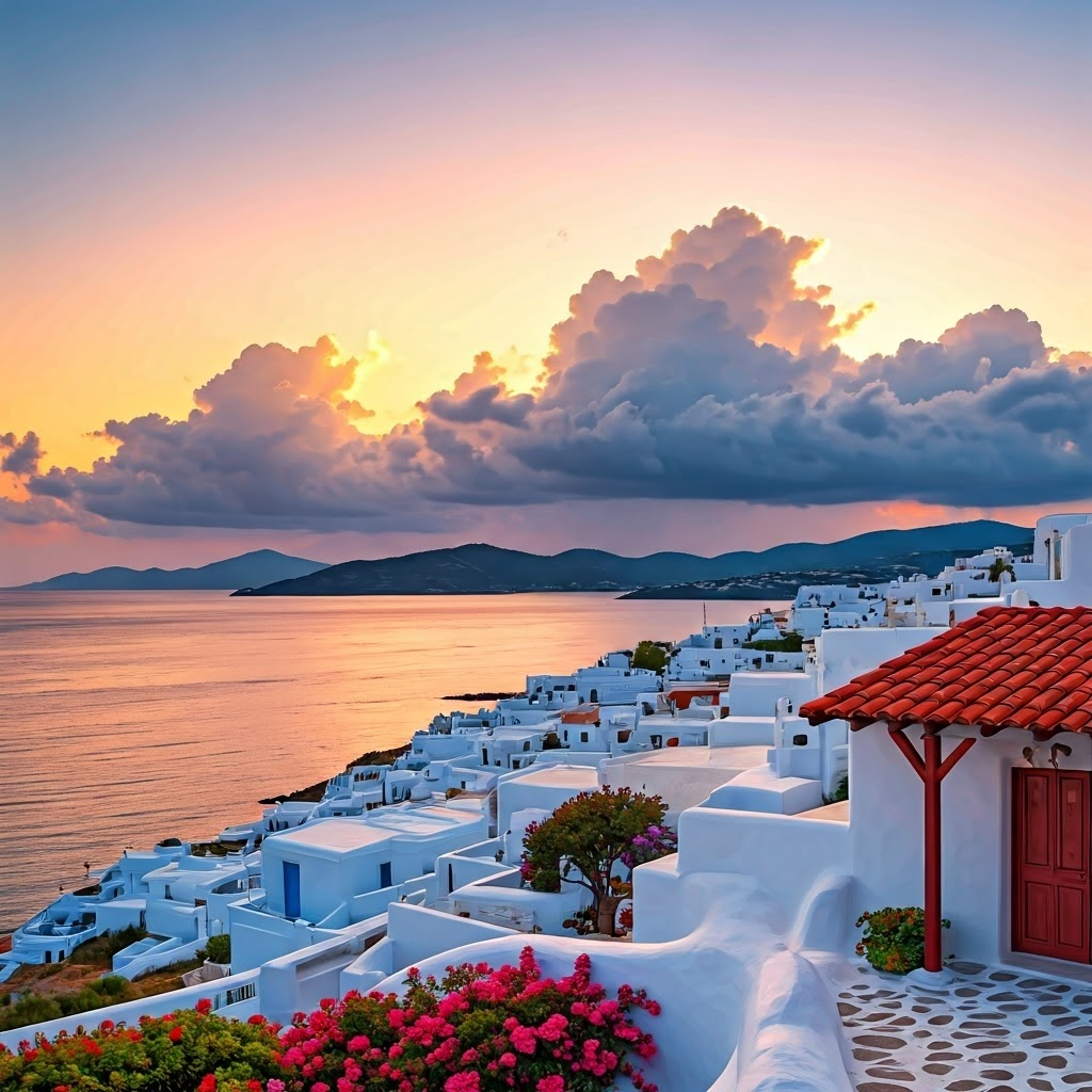 Villagers at dawn point toward brewing storm clouds over an Aegean village, curiosity unfolding with the light