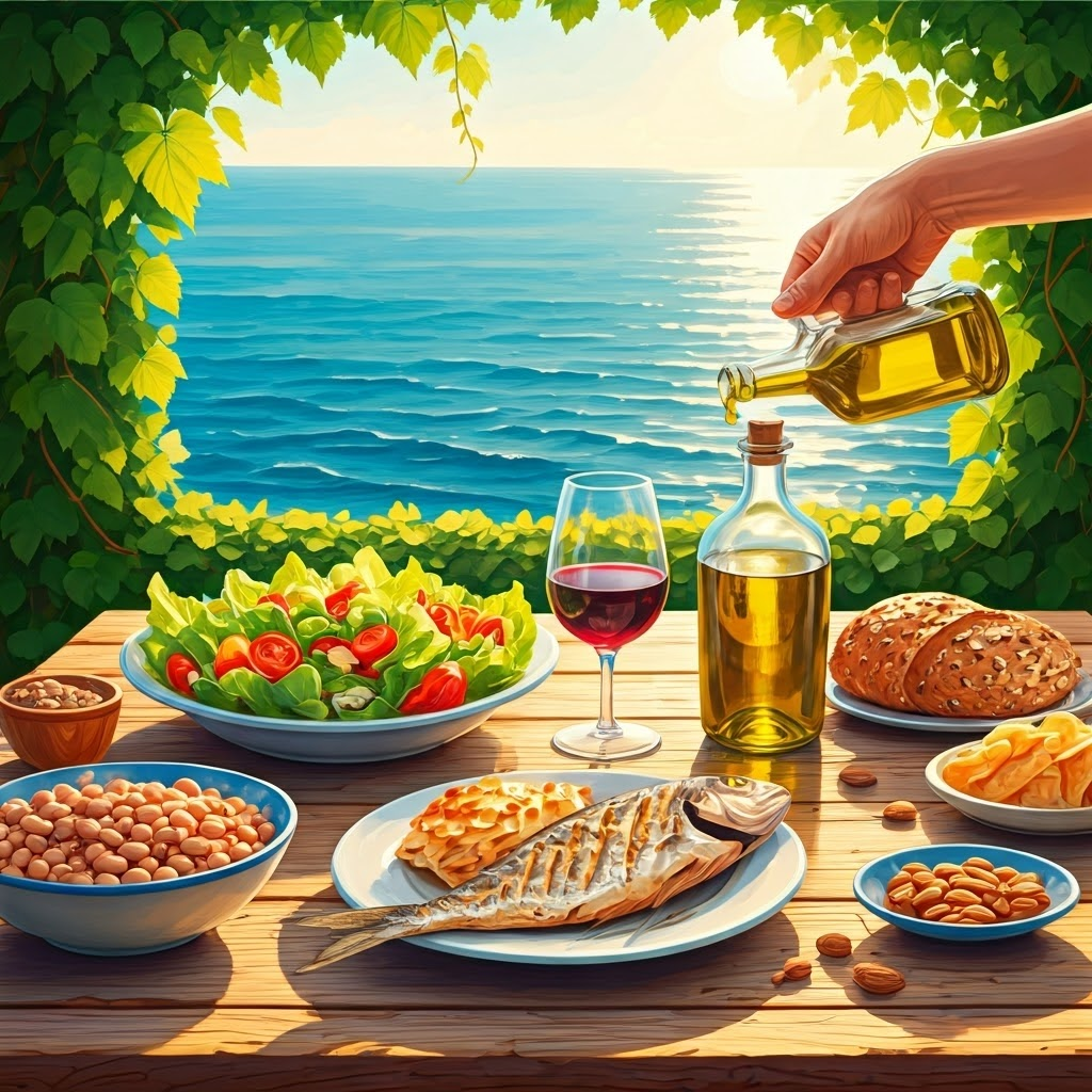 Mediterranean terrace table with fish, olive oil, and fresh produce, evoking relaxed heart-healthy dining