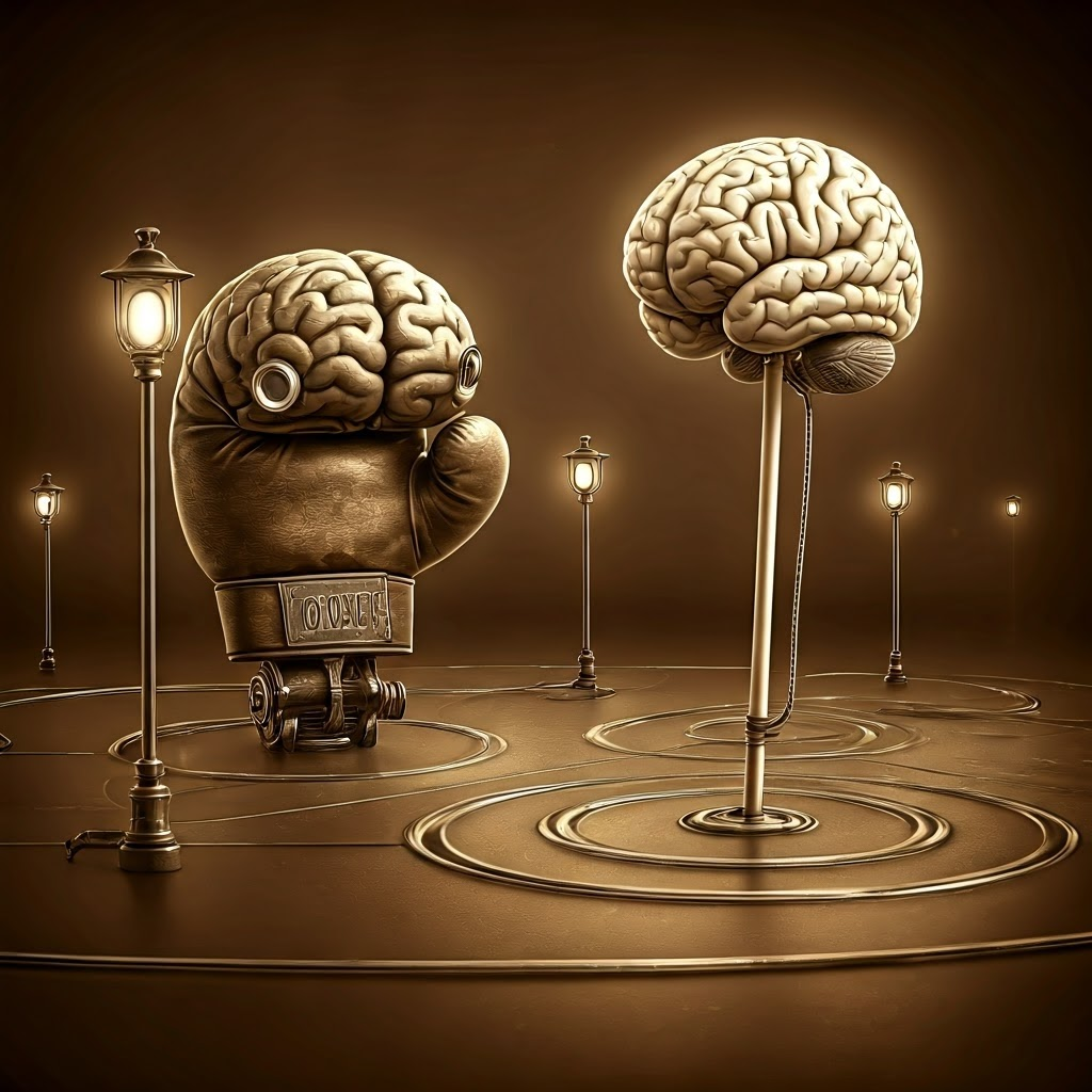 Whimsical steampunk scene showing a small cerebellum guiding traffic while a brainstem channels power lines