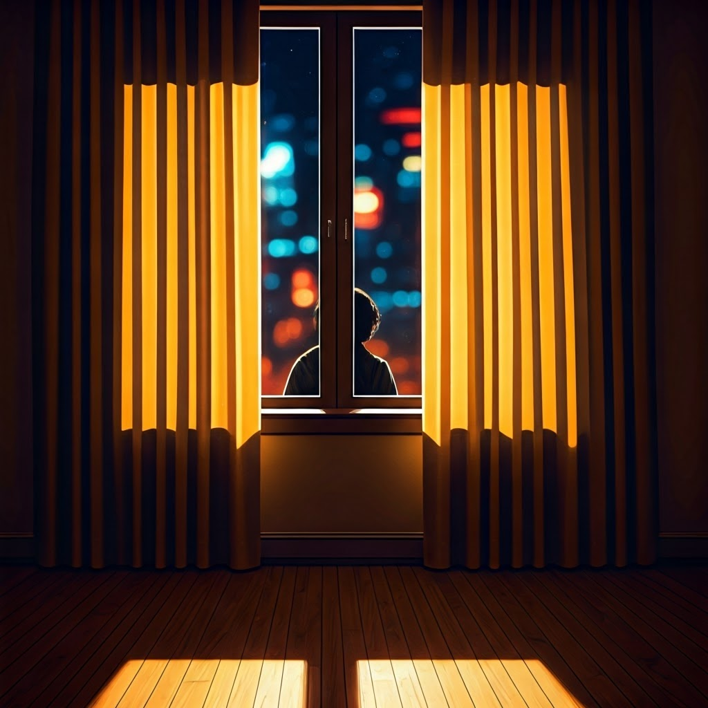 Warmly lit bedroom with closed curtains symbolizing personal sanctuary and guarded privacy against distant city lights.