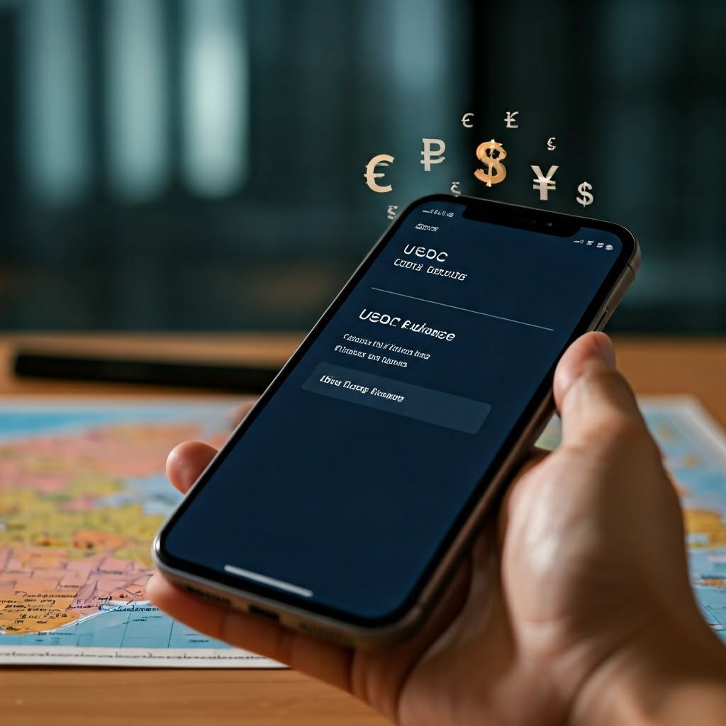 A smartphone shows a USDC balance update, set against a blurred map of Southeast Asia on a desk.