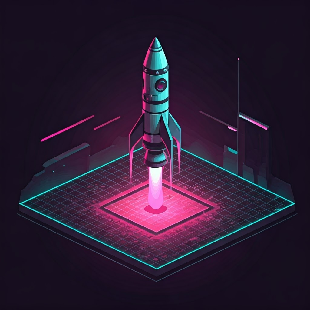 First stage descends on bright engines toward a landing pad, neon grid beneath