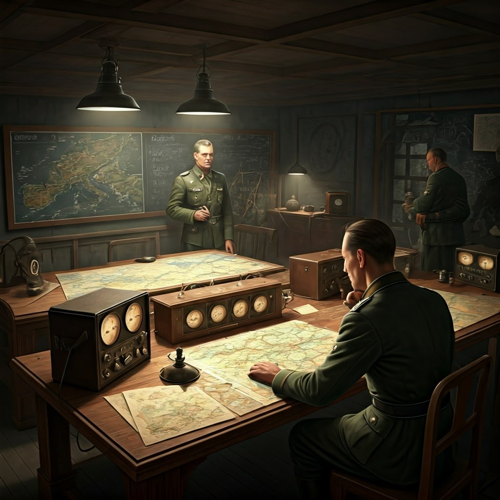 WWII German officers plot rapid advances on a smoke-filled map room table