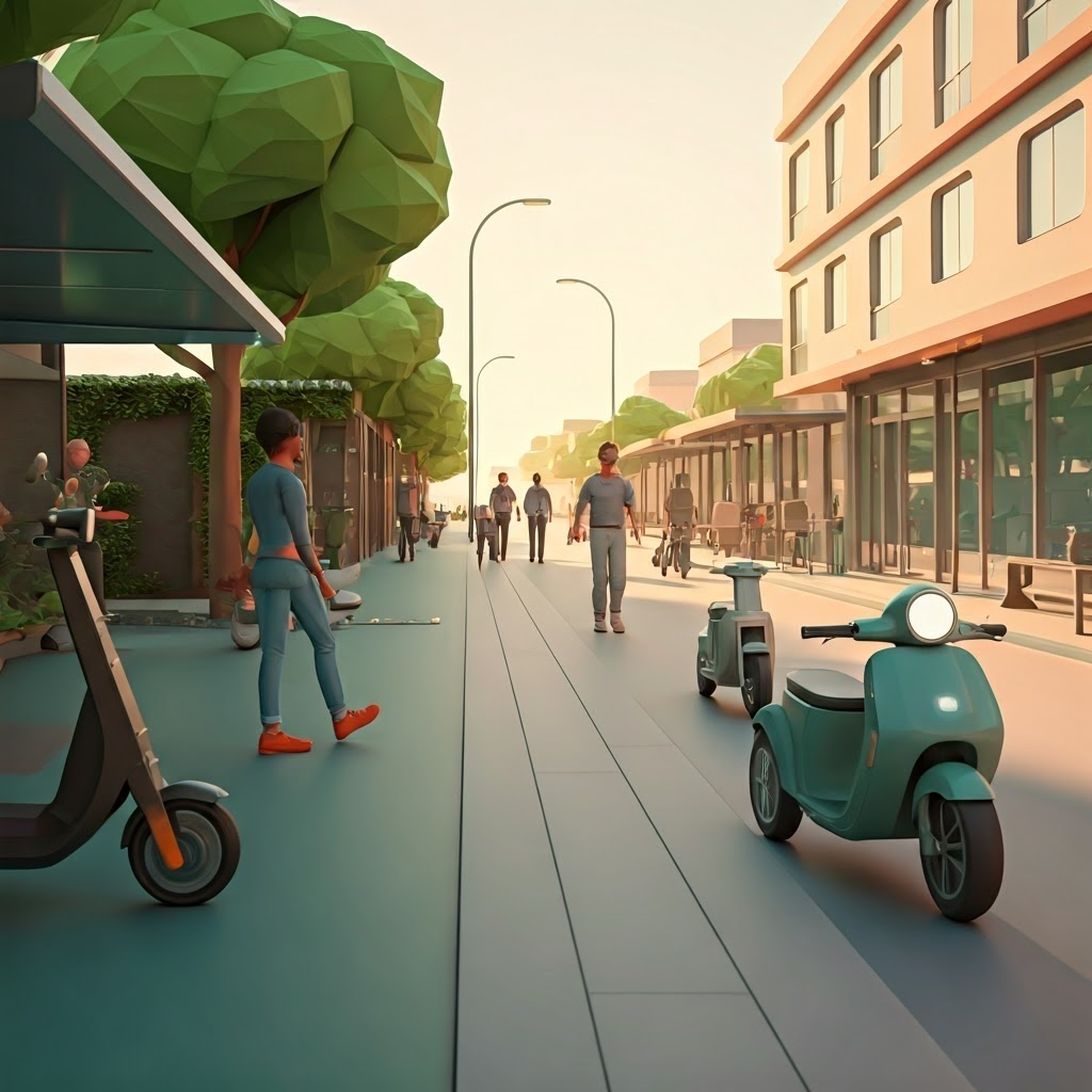 Line of small electric scooters, e-bikes, and three-wheelers waiting at a leafy city curb in soft morning light.