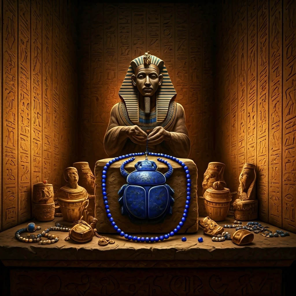 Egyptian tomb chamber where a lapis scarab necklace glints among gold relics
