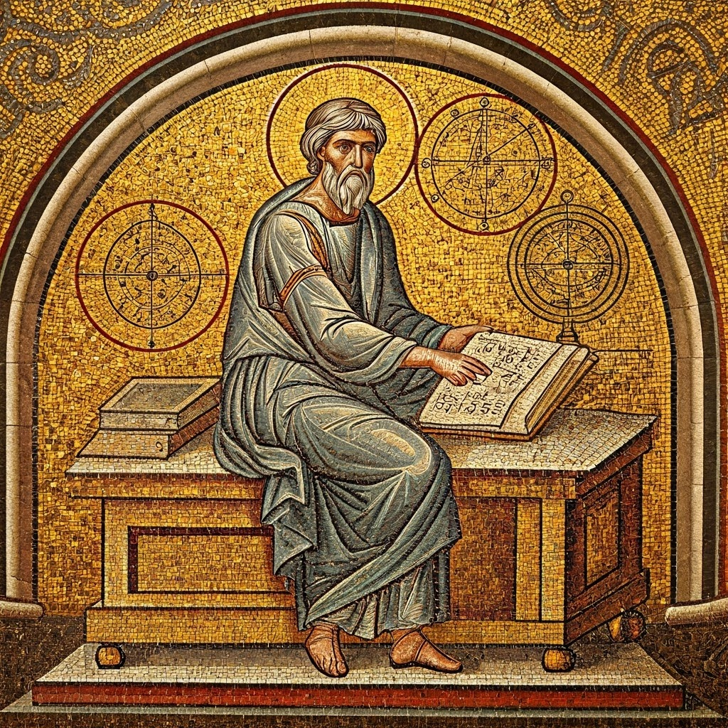 Ancient mosaic showing Ptolemy’s geocentric system with epicycles orbiting a central Earth.