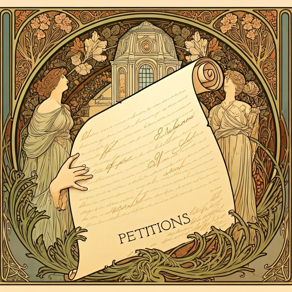 An ornate Art Nouveau poster-style illustration showing a large rolled parchment labeled “Petitions” held by female hands, swirling organic floral patterns entwining around signatures, stylized female figures delivering scrolls to an abstract palace building, muted pastel palette with gold accents, flowing lines, style: art nouveau poster art, elegant curves and decorative typography spaces for text