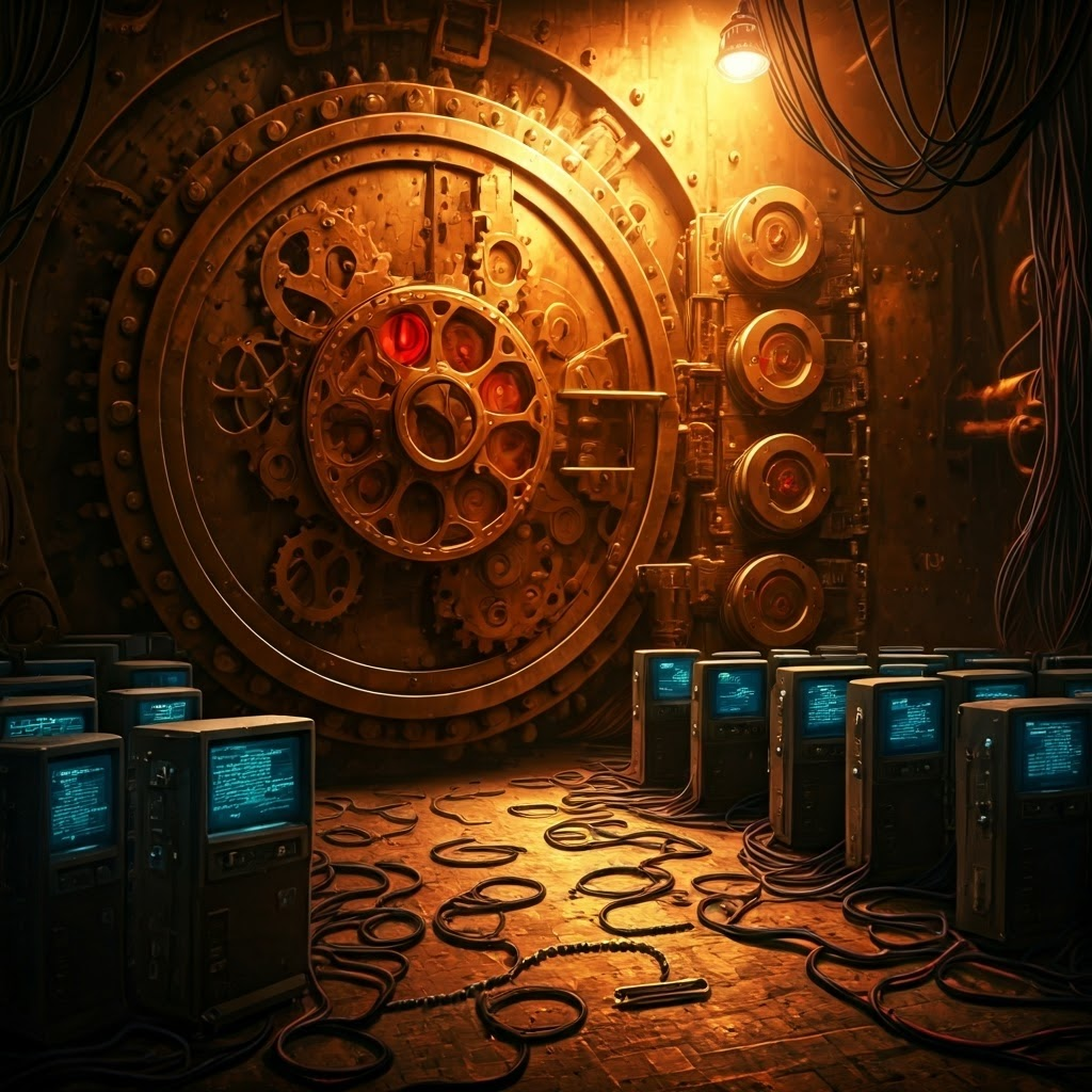 Steampunk scene: locked vault glowing with ransomware symbols, marching zombie computers for botnet, and secret miners tapping a CPU.