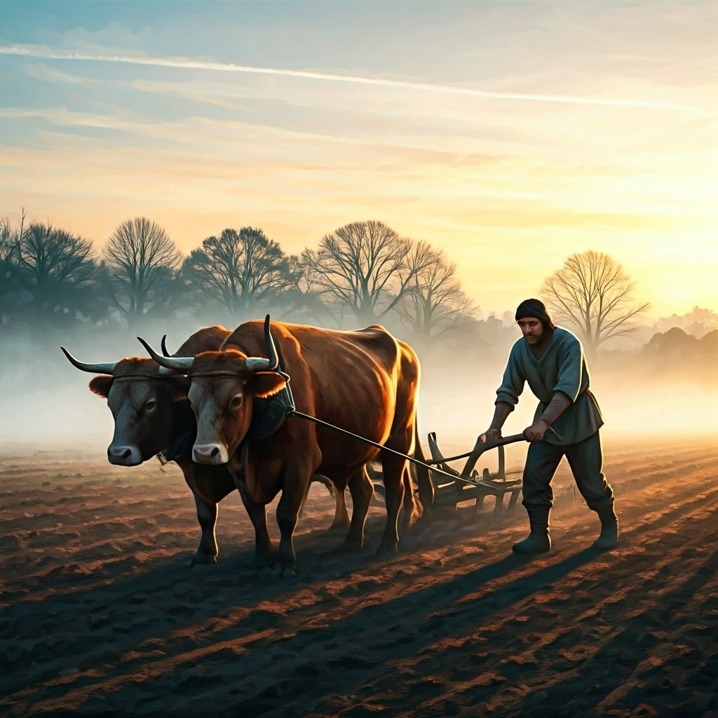 Early-morning farm scene with oxen pulling a plow across a misty field, illustrating human and animal power before machines