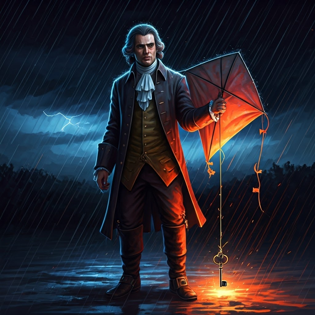 Close-up of Franklin in pouring rain watching sparks dance on a key, highlighting the moment he proved lightning is electrical.