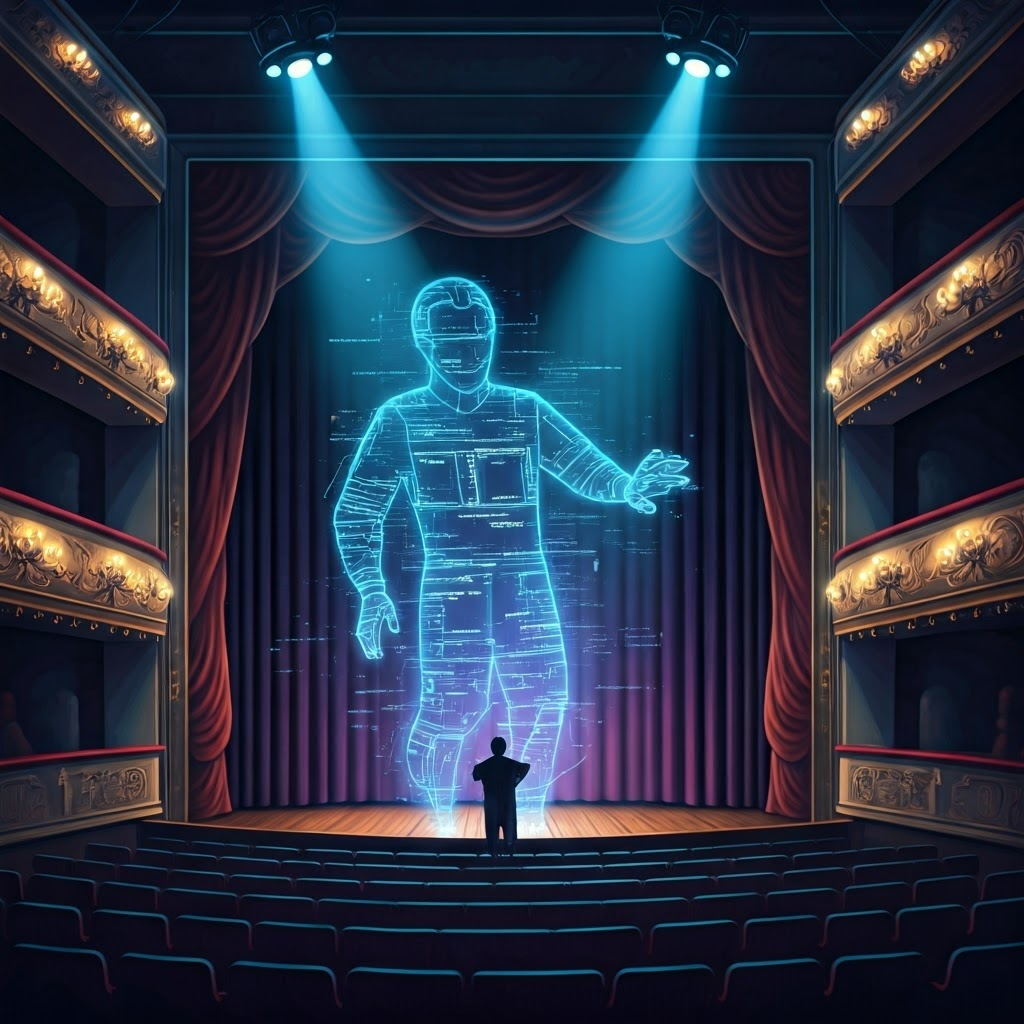 Futuristic cyberpunk theater stage where code streams perform under holographic spotlights