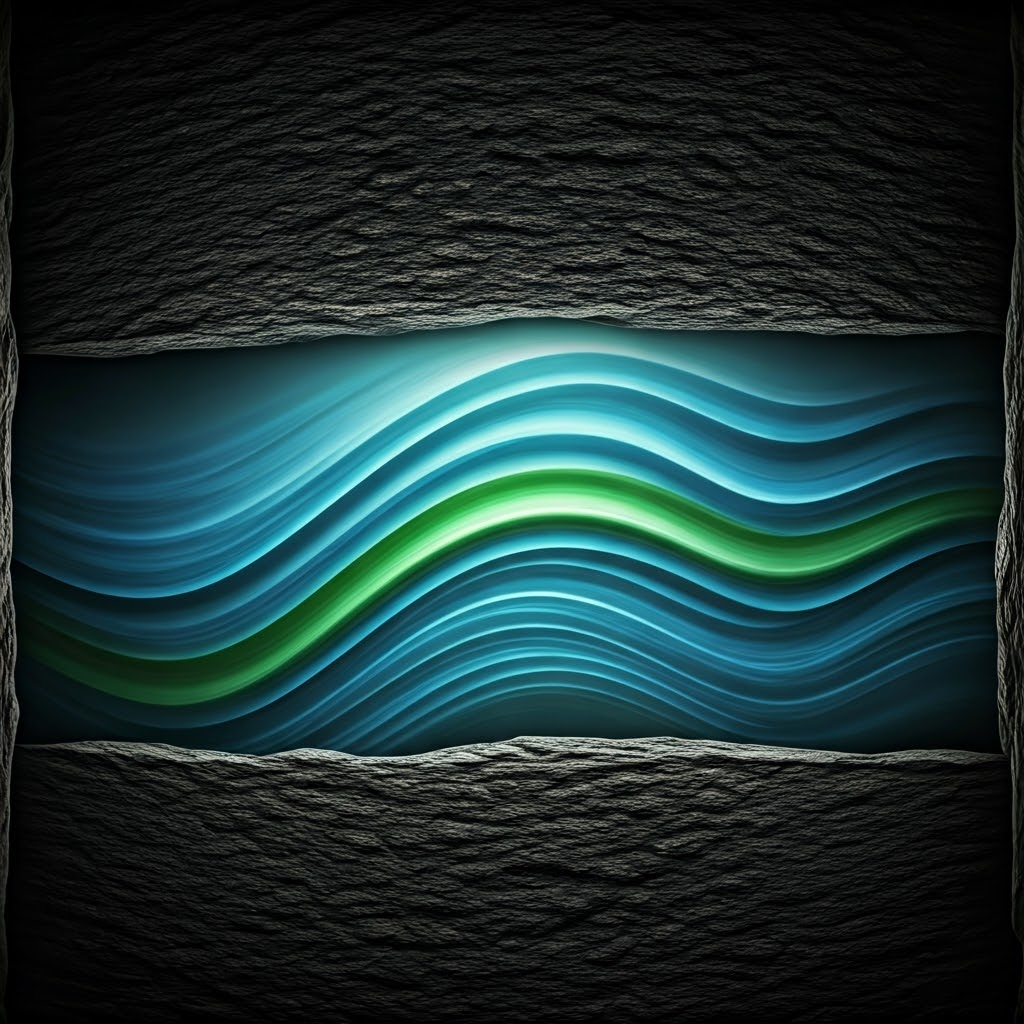 Colored light waves partly penetrate a dark granite wall, fading as they move inside.