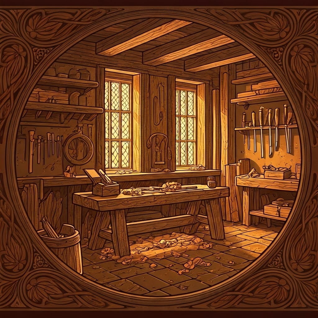 Medieval woodworking shop bathed in warm afternoon light, artisan crafting at bench