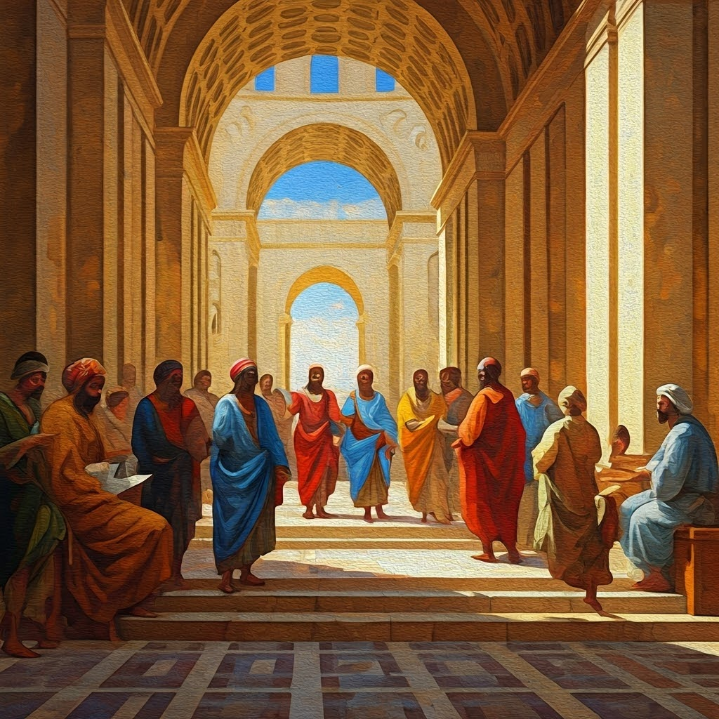 A vibrant medieval city with open libraries and lively discussions, showing a mix of cultures exchanging ideas. Loose brush strokes suggest energy and movement.