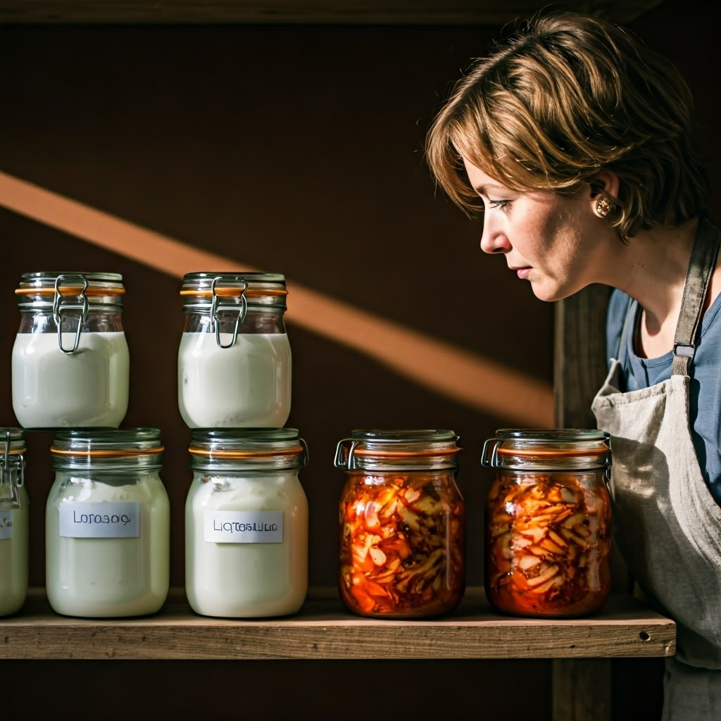 Home fermenter in apron examining labeled jars of yogurt and kimchi on rustic shelves, highlighting hands-on fermentation