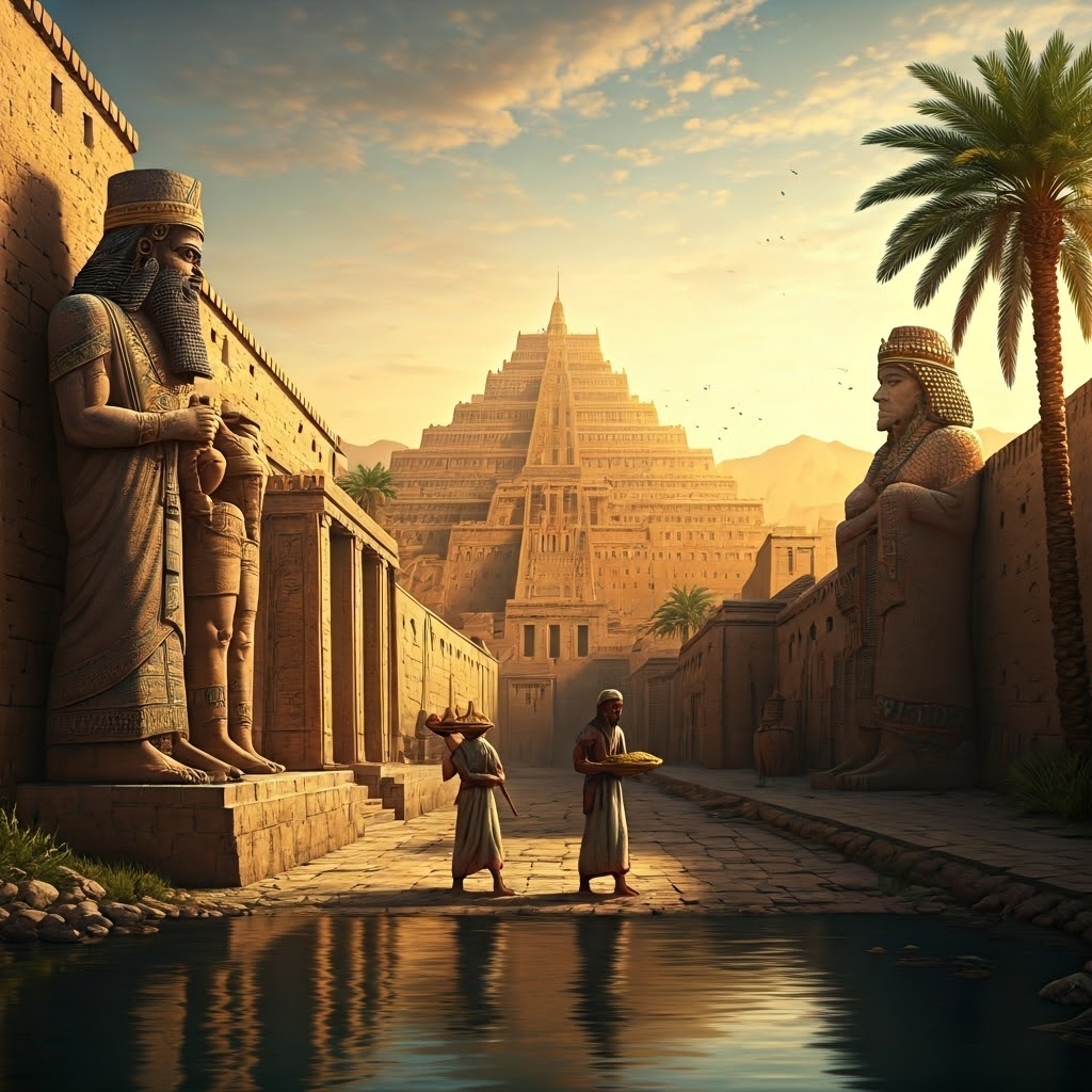 Sunrise over a Mesopotamian city with priests honoring statues, showing many gods linked to daily life