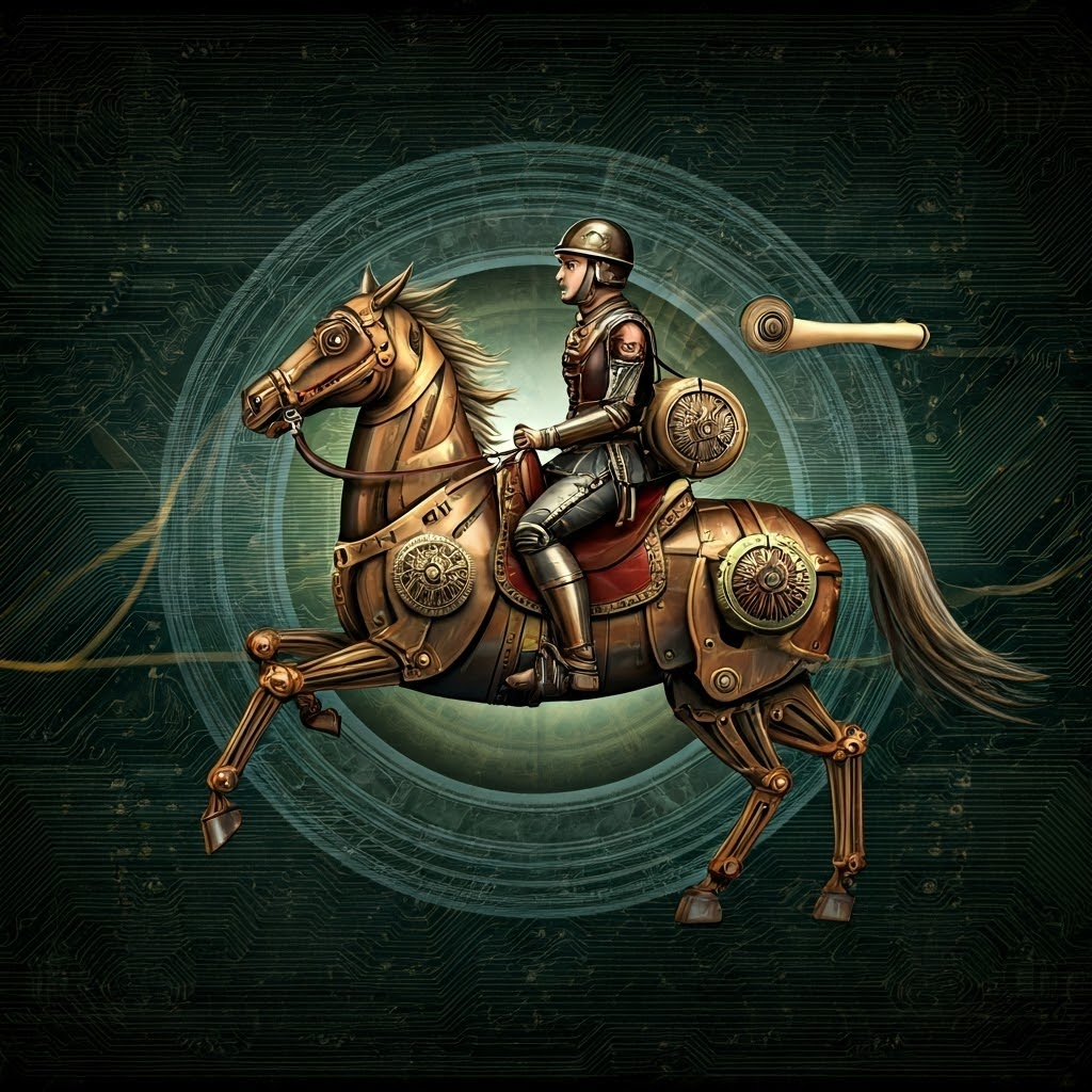 Steampunk couriers on clockwork horses carrying sealed scrolls through intricate gear networks