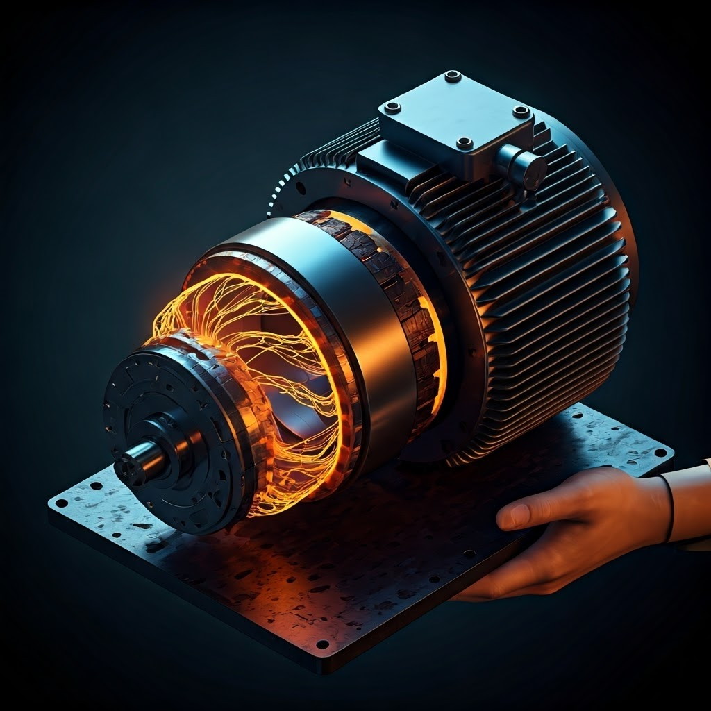Close-up isometric view of a glowing electric motor interior held by an engineer in a dim workshop