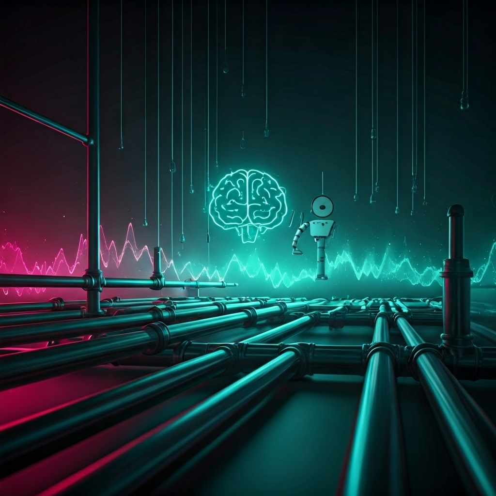 Colorful data streams pass through filters to remove noise before reaching a robot control unit