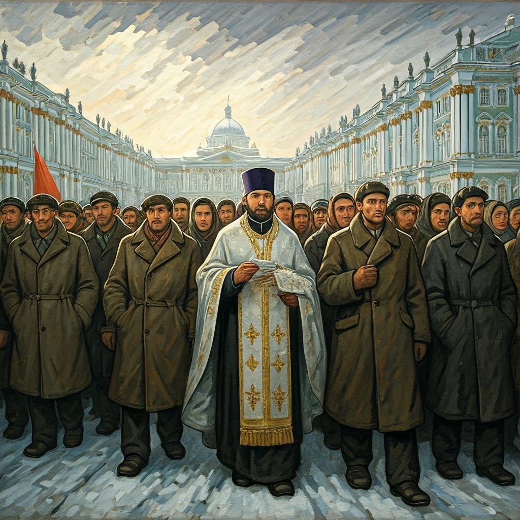 Crowds march toward the Winter Palace on a cold January day, capturing the tense unity before Bloody Sunday 1905.