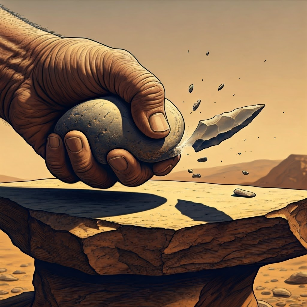 Early hand strikes pebble over stone anvil, flake flying free and revealing razor edge.